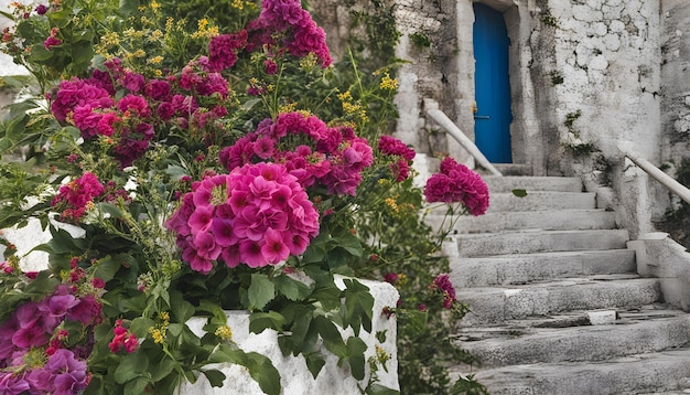 Photo a white pot with flowers and a blue door that says  geranium