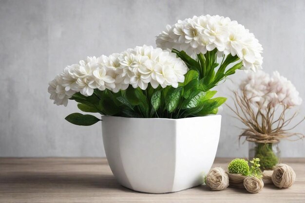 Photo a white pot with flowers on a wooden table