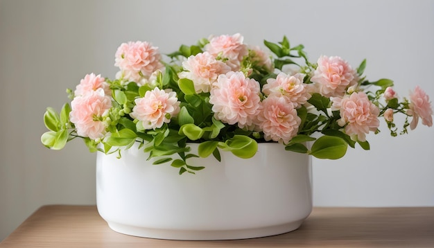 a white pot with pink flowers on a table