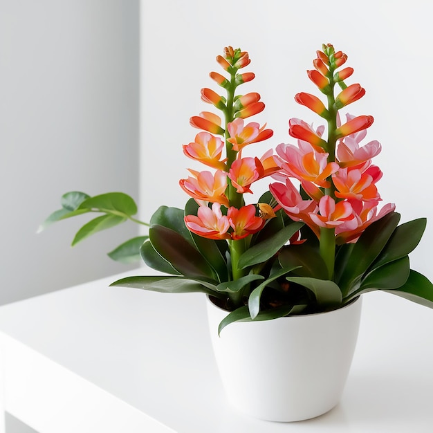 a white pot with pink and orange flowers on a white table