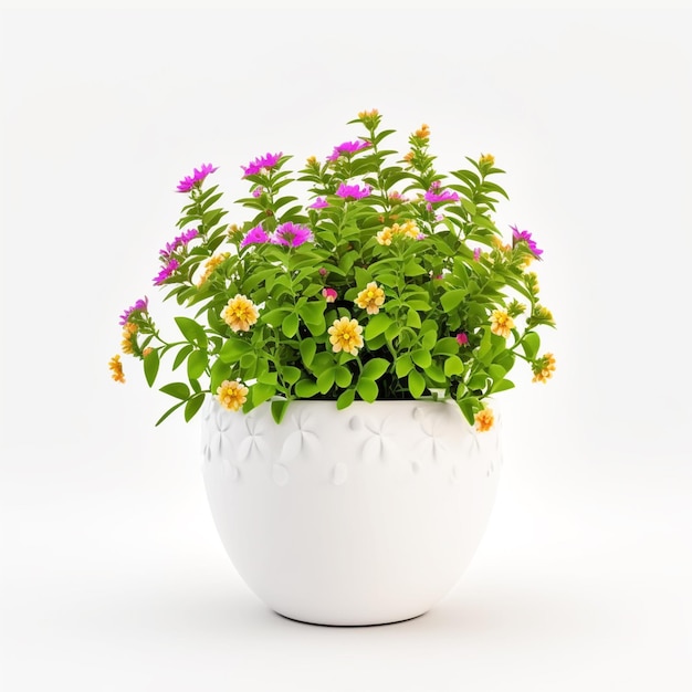 A white pot with a purple and yellow flower in it.