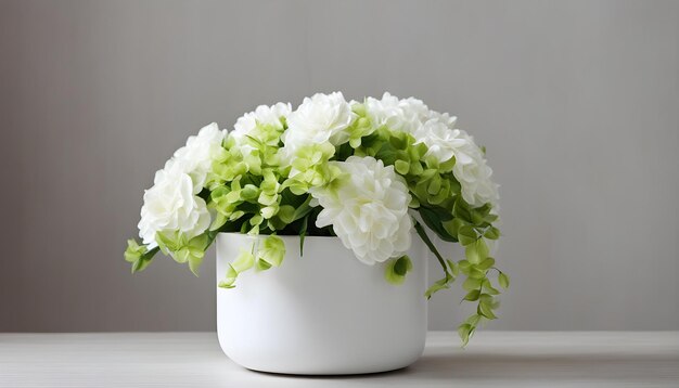 a white pot with white flowers in it