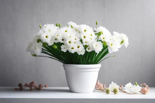 Photo a white pot with white flowers on a table