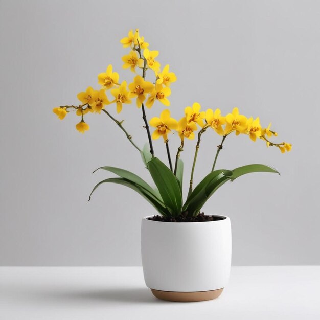 a white pot with yellow flowers on a table