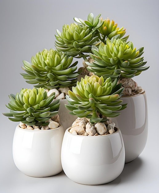 white pots with green succulents in them