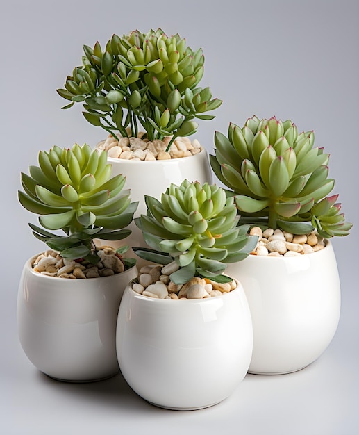 white pots with green succulents in them