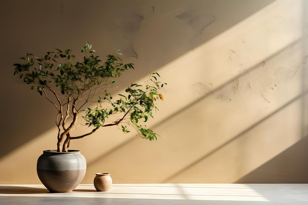 A white potted plant in front of a window with sunlight shining in on it