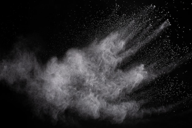 White powder explosion on black background. Colored cloud. Colorful dust explode. 