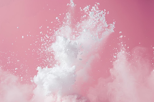 写真 白い粉の爆発 ピンクの背景で凍り付く動き