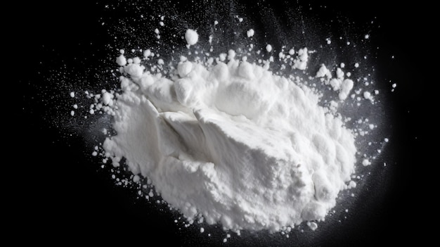 White powder isolated on black background top view