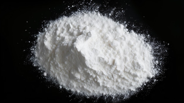 White powder isolated on black background top view