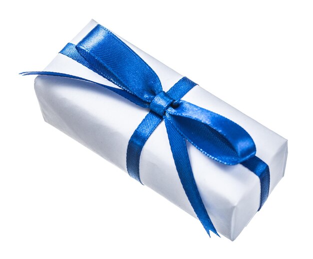 White present box with blue knot isolated on white