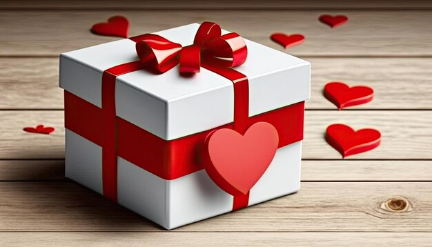 White present box with red ribbon and hearts on wooden background Generative AI