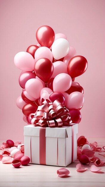 White present gift wrapped with red ribbon and pink red balloon birthday party background