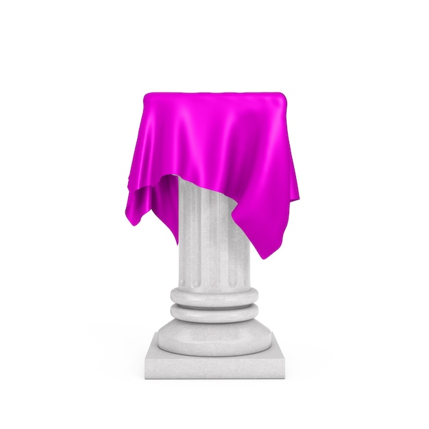 White Presentation Column Pedestal with Pink Silk Cloth on a white background. 3d Rendering