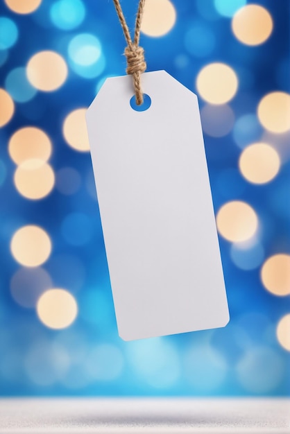 white price tag on blue bokeh background in copy space