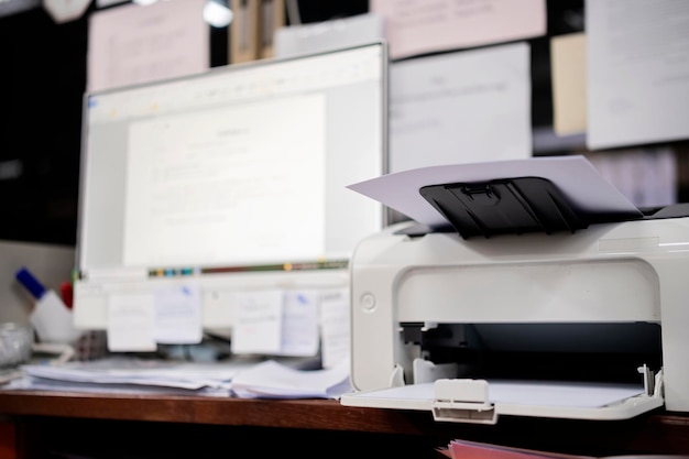 White printer in office with softfocus and over light in the\
background