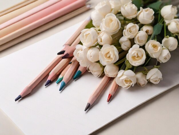 Photo white printer paper with flowers and pencils arranged neatly