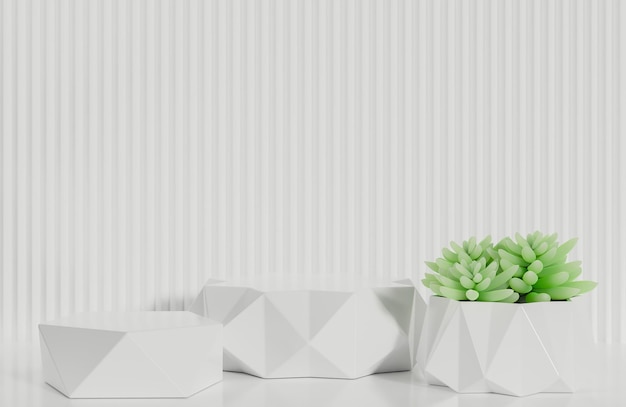 製品プレゼンテーション用の白いプリズム表彰台と白い鋸歯状の壁の背景にサボテンのミニマルスタイル3Dモデルとイラスト