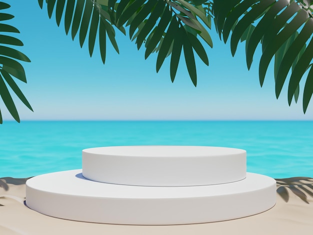 White product display podium and tropical palm leaves with sea background 3D rendering