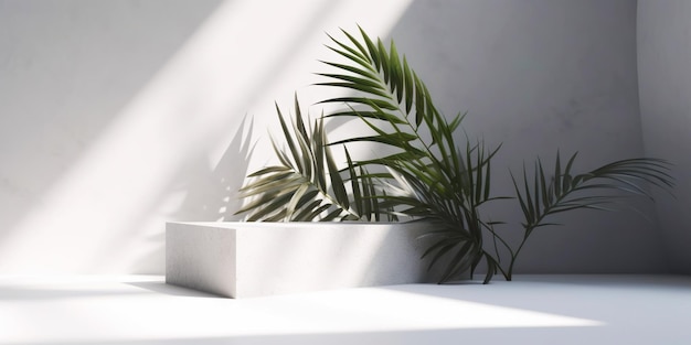 Белый подиум для демонстрации продуктов с пальмовыми листьями природы Generative AI