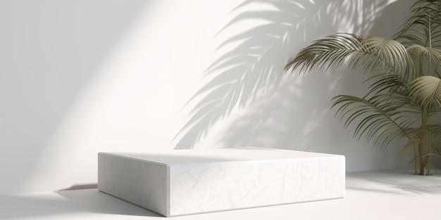 White product display podium with nature palm leaves Generative AI