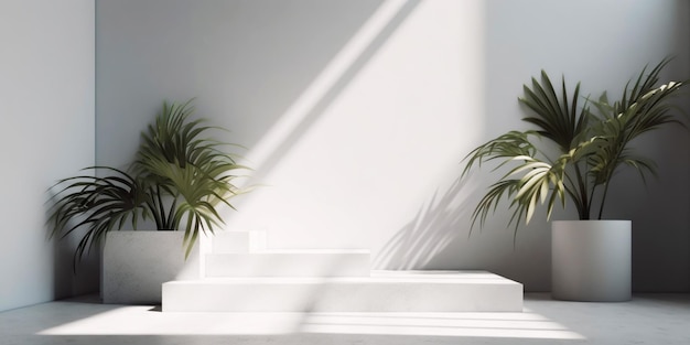 White product display podium with nature palm leaves Generative AI