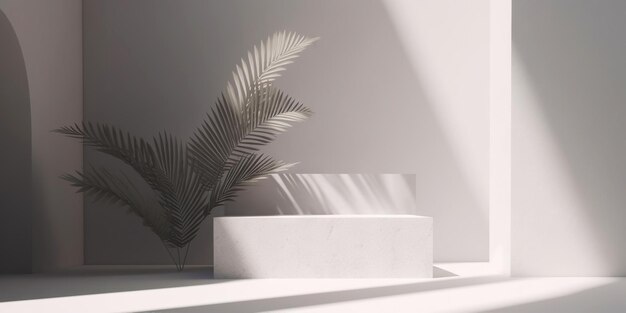 White product display podium with nature palm leaves Generative AI