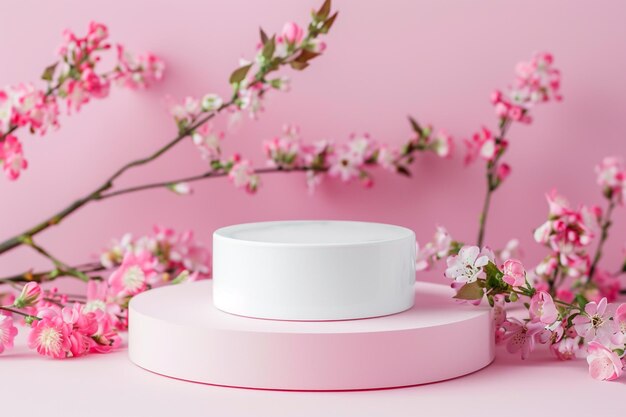 White product display podium with pink blossom flowers