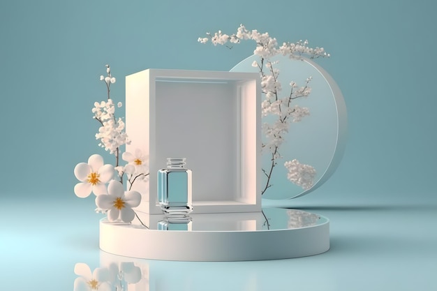 White product display podium with water reflection and blossom flowers on blue background. 3D render