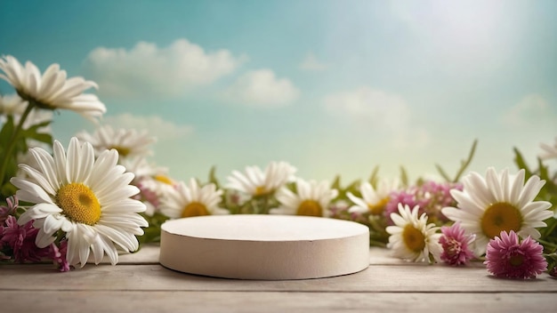 White product podium for product presentation and display with daisies flowers and sky in background