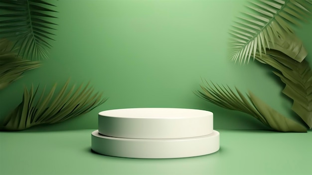 White product podium and tropical palm leaves shadow on green background generat ai