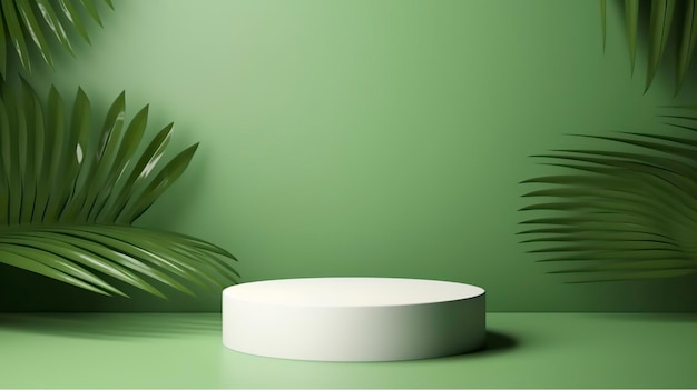 White product podium and tropical palm leaves shadow on green background generat ai