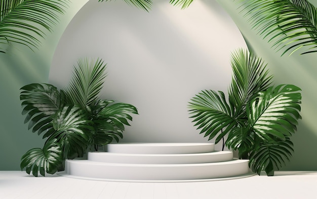 Photo white product podium with green tropical accents