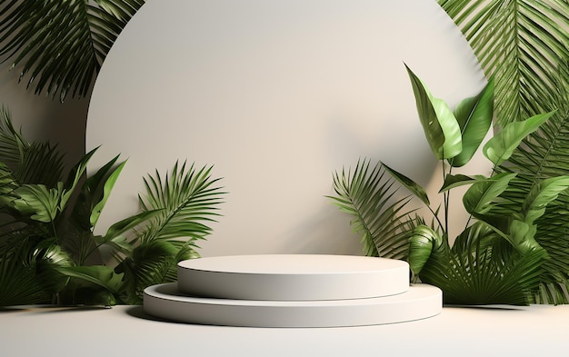 White Product Podium with Green Tropical Accents