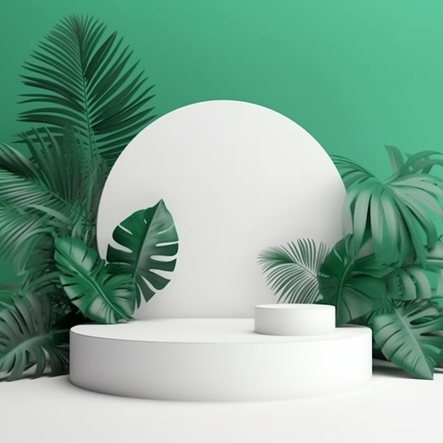 White product podium with green tropical leaves 15