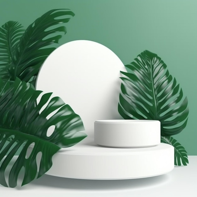 White product podium with green tropical leaves 8