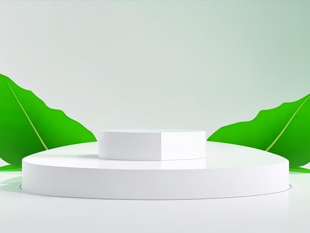 White product podium with green tropical leaves and on grey wall