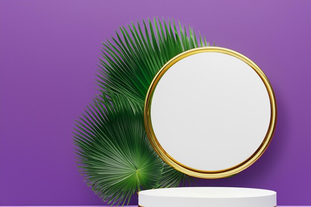 White product podium with green tropical palm leaves and golden round arch on purple wall