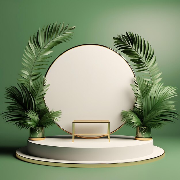 White product podium with green tropical palm leaves and golden round arch