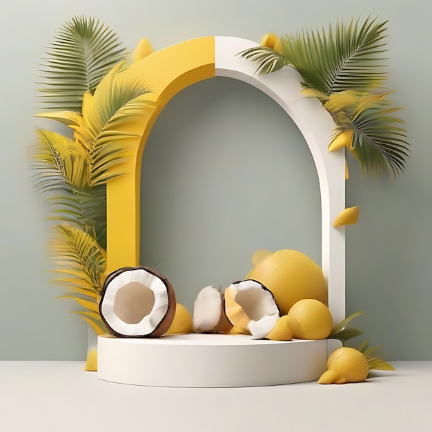 White products podium background with coconut leaf and arch backdrop ai