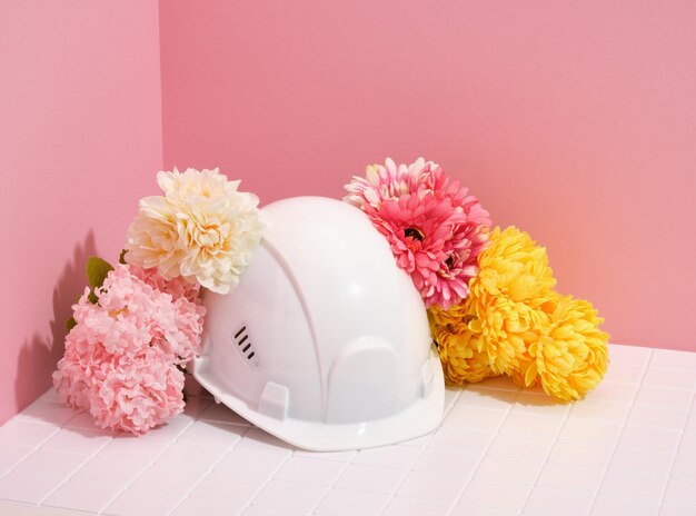 White protective helmet lies in colorful flowers Construction work