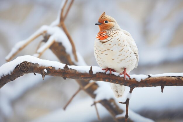 White ptarmigan perched on snowy branch