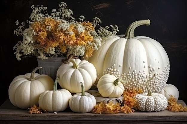 White pumpkins and flowers decorations Generative AI