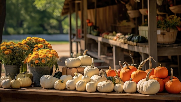 white pumpkins in a rustic setting against the backdrop of autumnal beauty