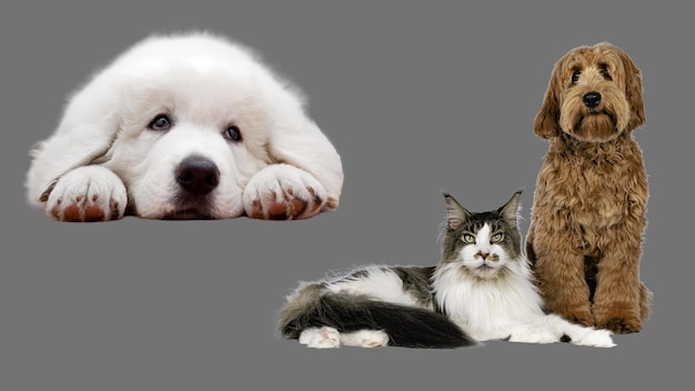 White puppy dog isolated Cat and dog on grey Transparent background