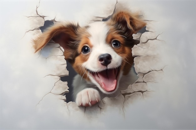 White puppy looking from cracked white wall Generative AI illustration
