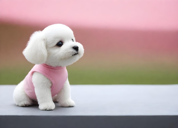 White puppy wearing a pink shirt sitting on a gray surface with a pink background