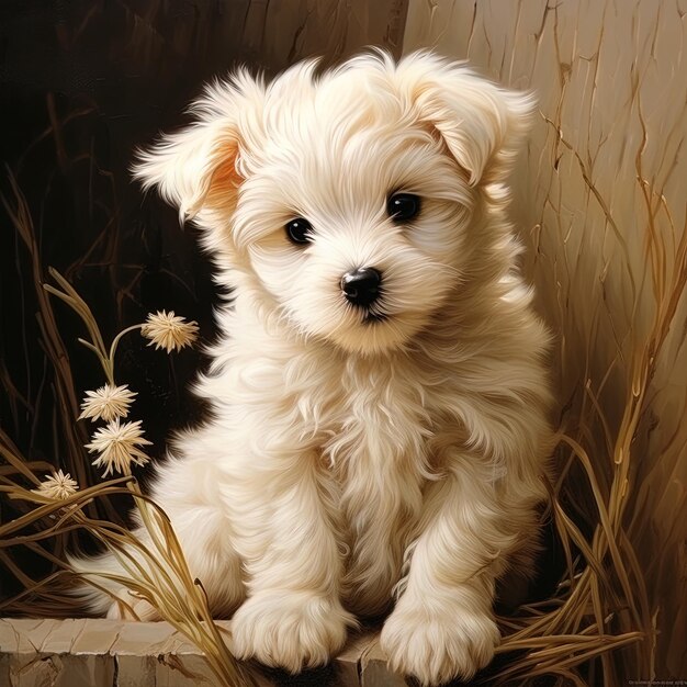 a white puppy with a black nose and a black background with a black background