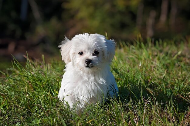 Белый щенок с черным носом сидит в траве.